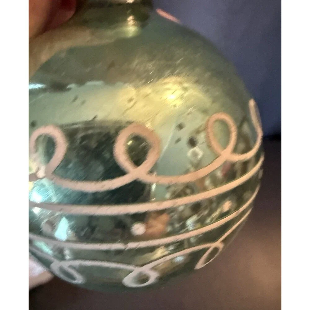 VTG Christmas Green Mercury Glass Ornament Stenciled White Design MCM Holiday